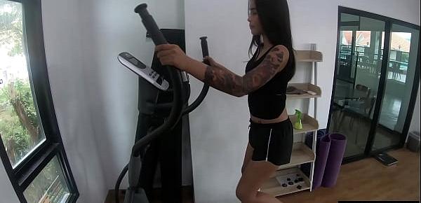  Petite tattooed Asian teen gave a perverted guy a handjob after hot workout